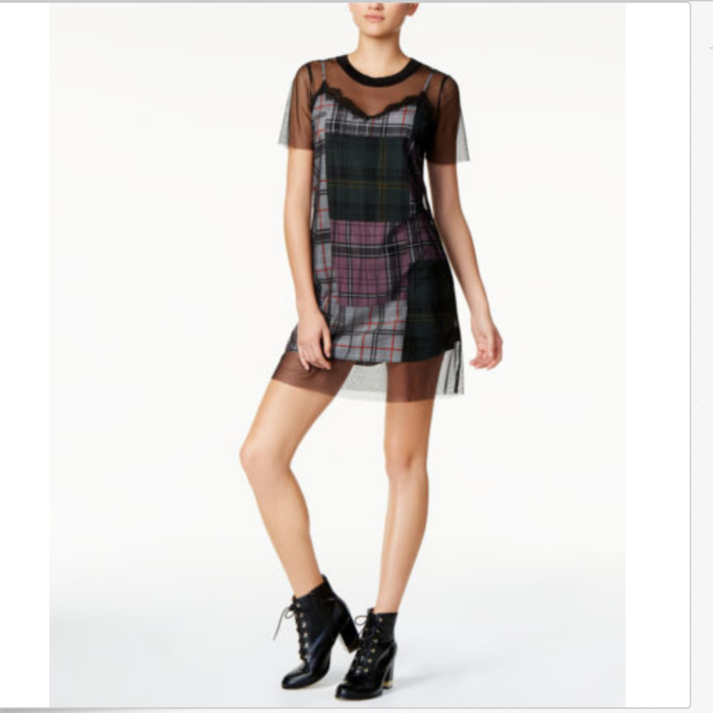GUESS Cass Mesh & Plaid Party Dress
